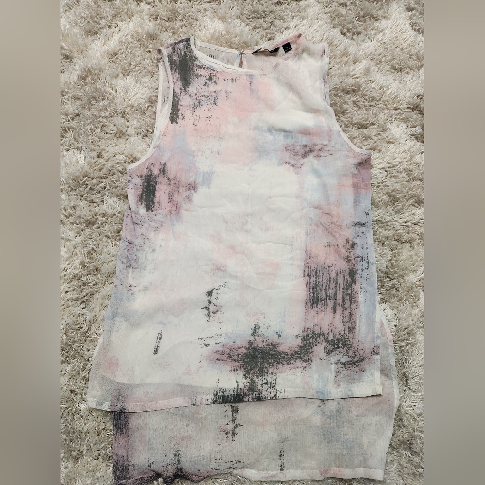 H By Halston Sleeveless Blouse Tank Sheer Overlay Pink Gray Cream Print Size S